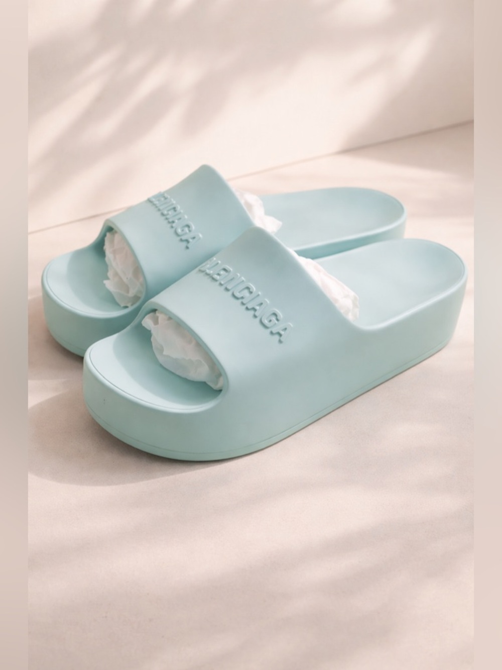 Authentic BALENCIAGA Pool Rubber Womens Chunky Slide Logo Sandals 40 Green Aqua